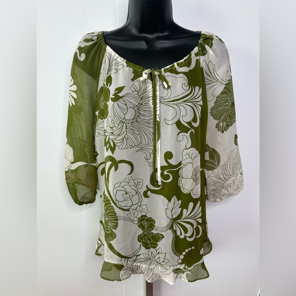 Ann Taylor 100% Silk Top Sage Green And White Floral
